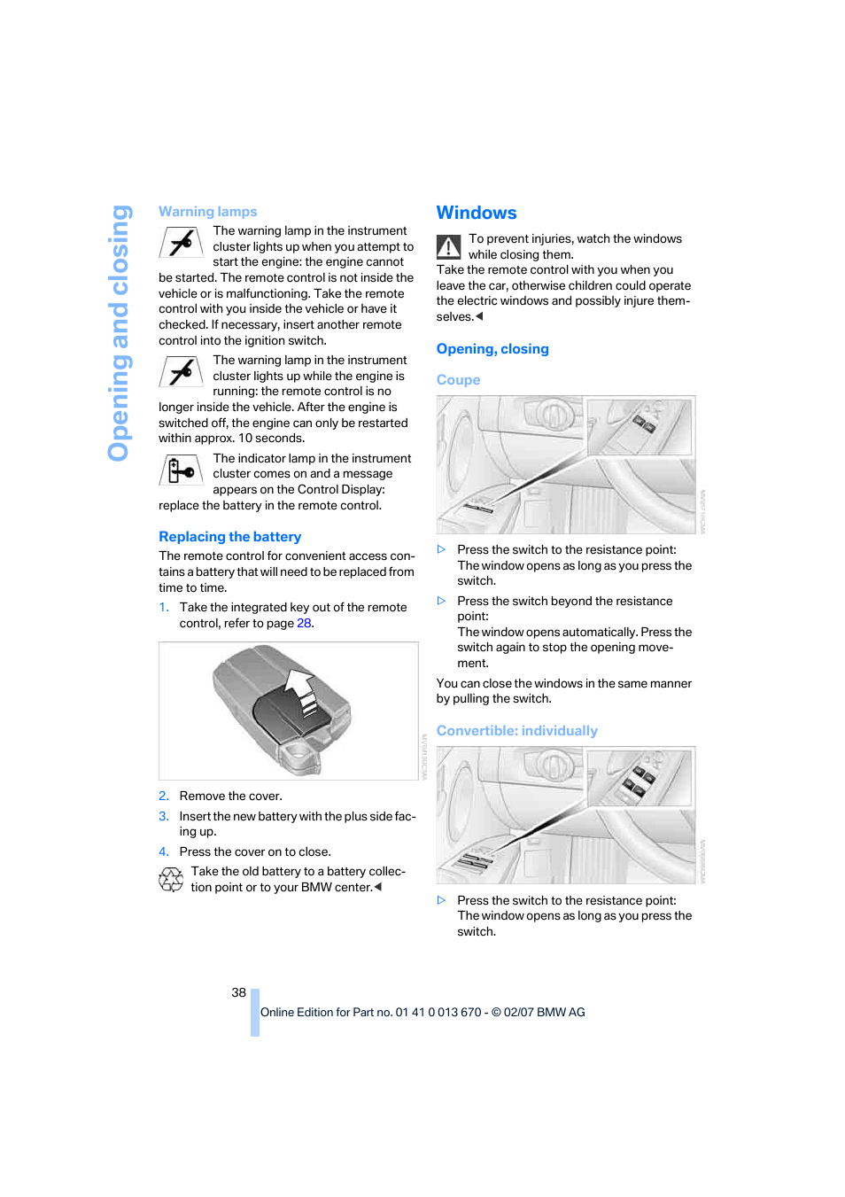 Windows, Opening and closing | BMW 335i Convertible 2007 User Manual | Page 40 / 272