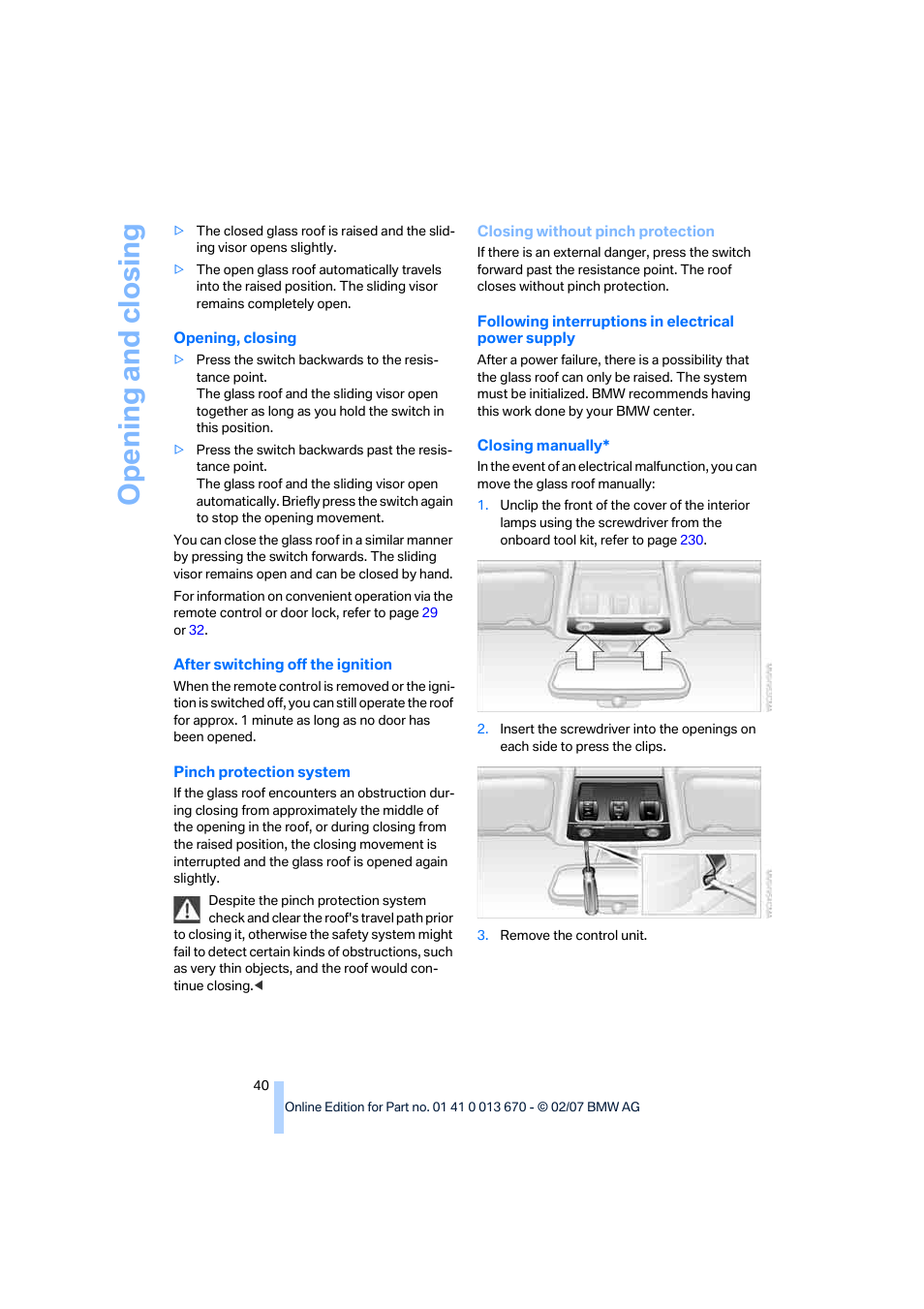 Opening and closing | BMW 335i Convertible 2007 User Manual | Page 42 / 272