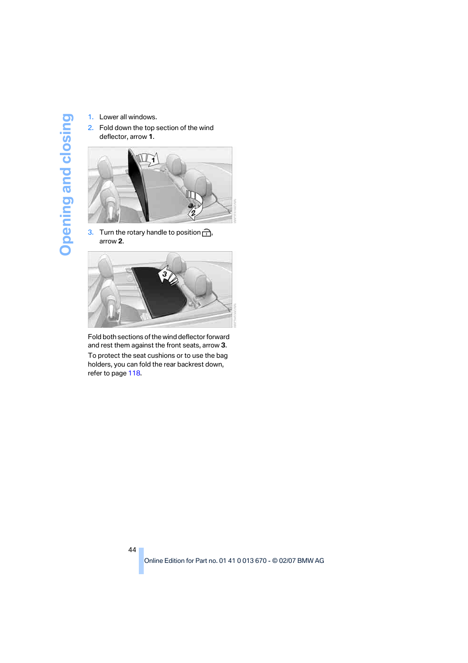 Opening and closing | BMW 335i Convertible 2007 User Manual | Page 46 / 272