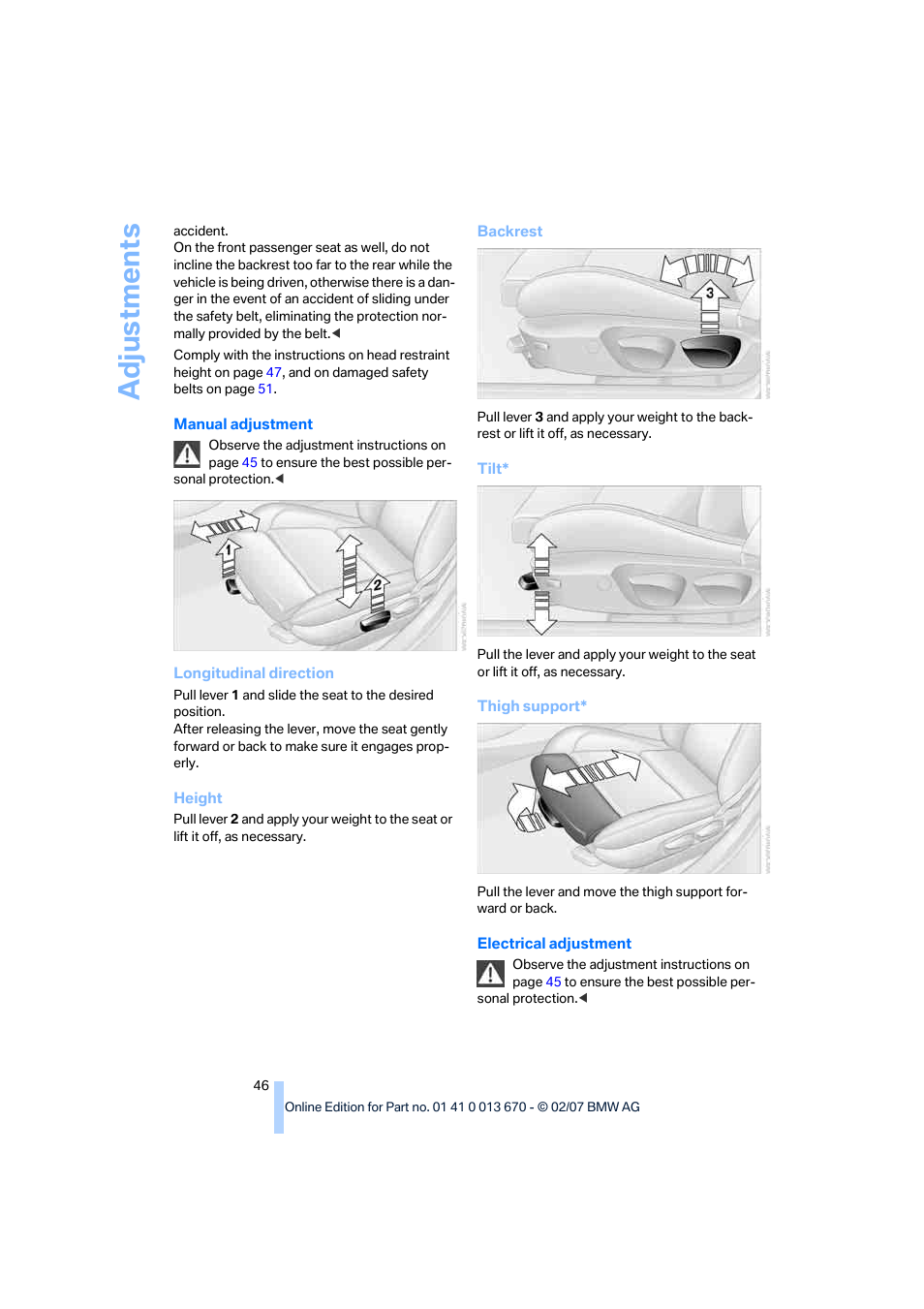 Adju stmen ts | BMW 335i Convertible 2007 User Manual | Page 48 / 272