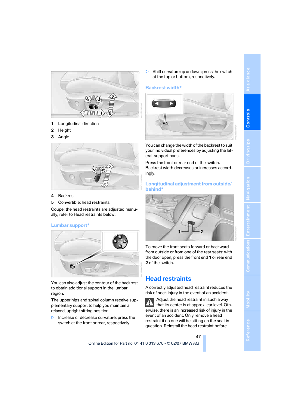 Head restraints | BMW 335i Convertible 2007 User Manual | Page 49 / 272