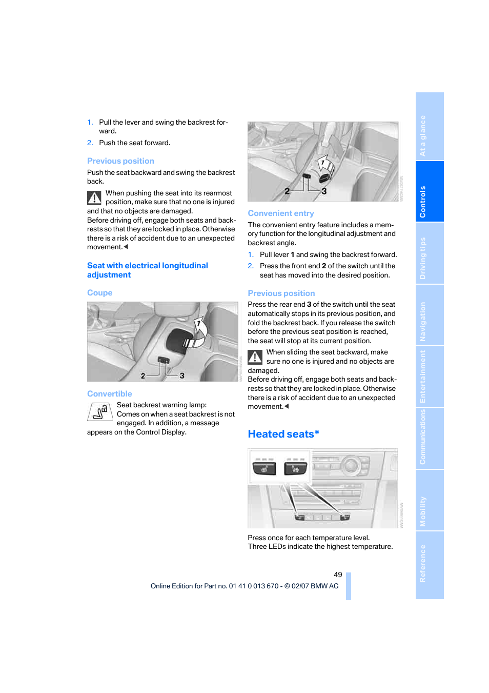 Heated seats | BMW 335i Convertible 2007 User Manual | Page 51 / 272