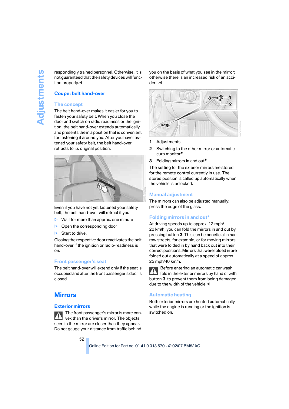Mirrors, Adju stmen ts | BMW 335i Convertible 2007 User Manual | Page 54 / 272