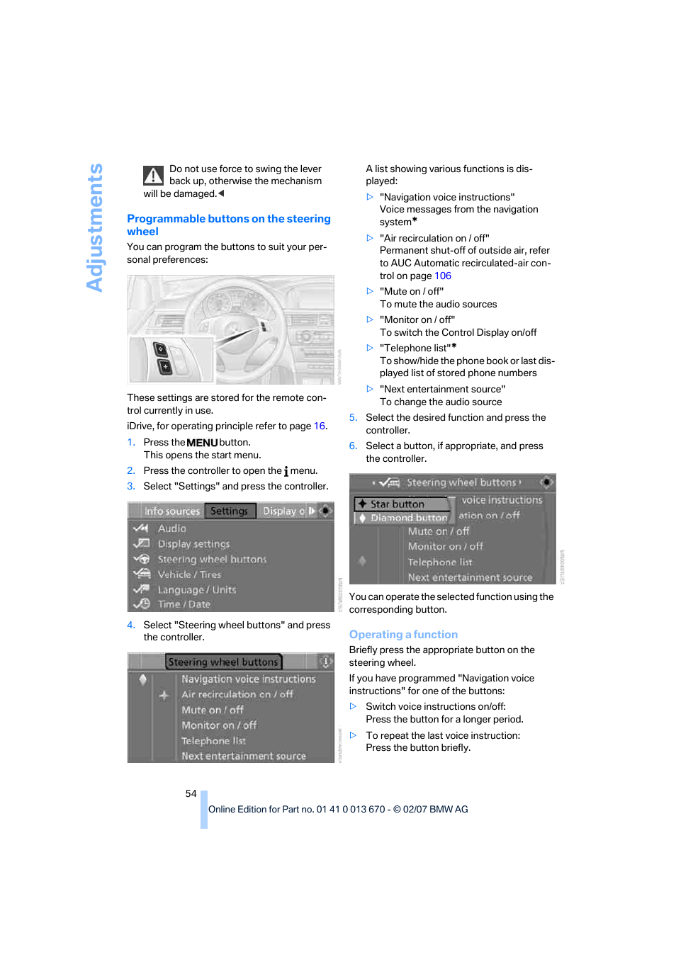 Adju stmen ts | BMW 335i Convertible 2007 User Manual | Page 56 / 272