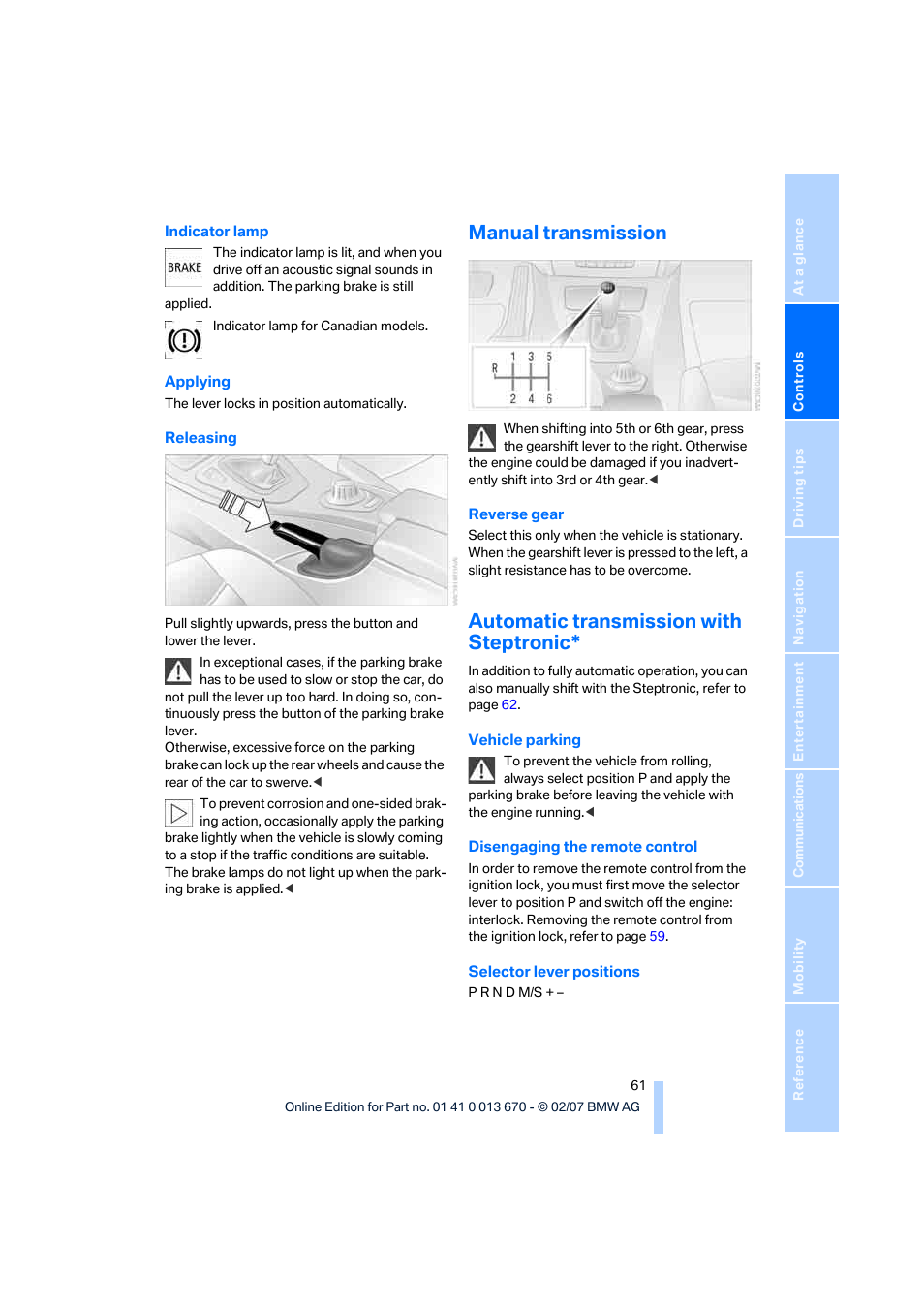 Manual transmission, Automatic transmission with steptronic | BMW 335i Convertible 2007 User Manual | Page 63 / 272