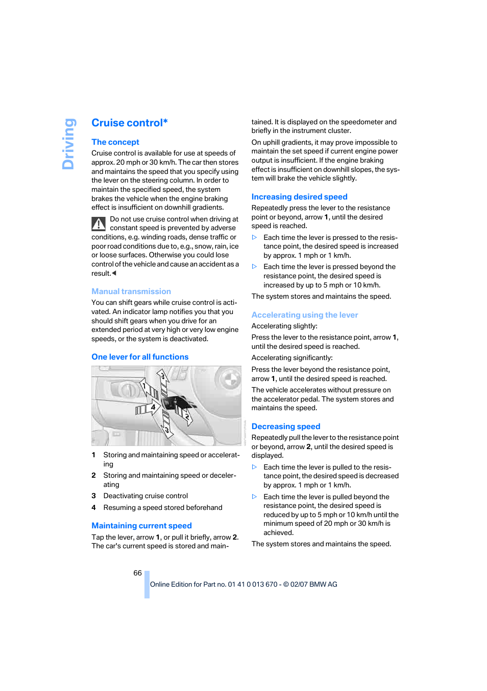 Cruise control, Driving | BMW 335i Convertible 2007 User Manual | Page 68 / 272