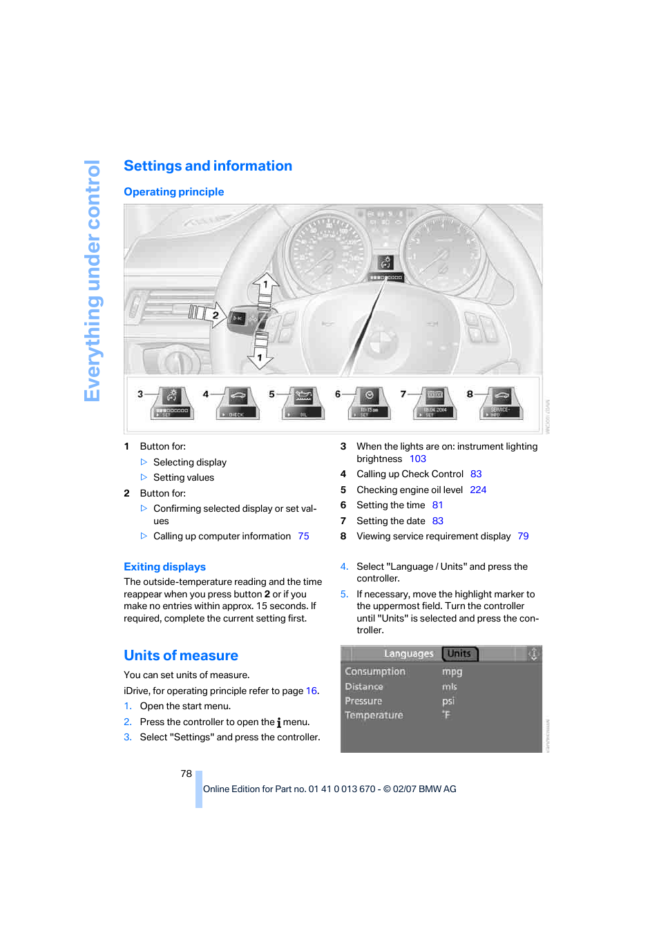 Settings and information, Units of measure, Eve ryth ing un de r co nt rol | BMW 335i Convertible 2007 User Manual | Page 80 / 272