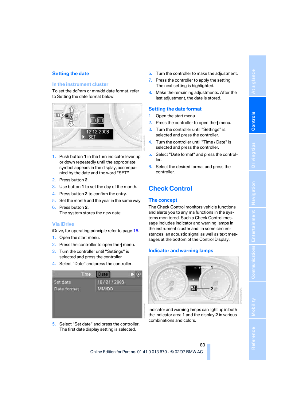 Check control | BMW 335i Convertible 2007 User Manual | Page 85 / 272