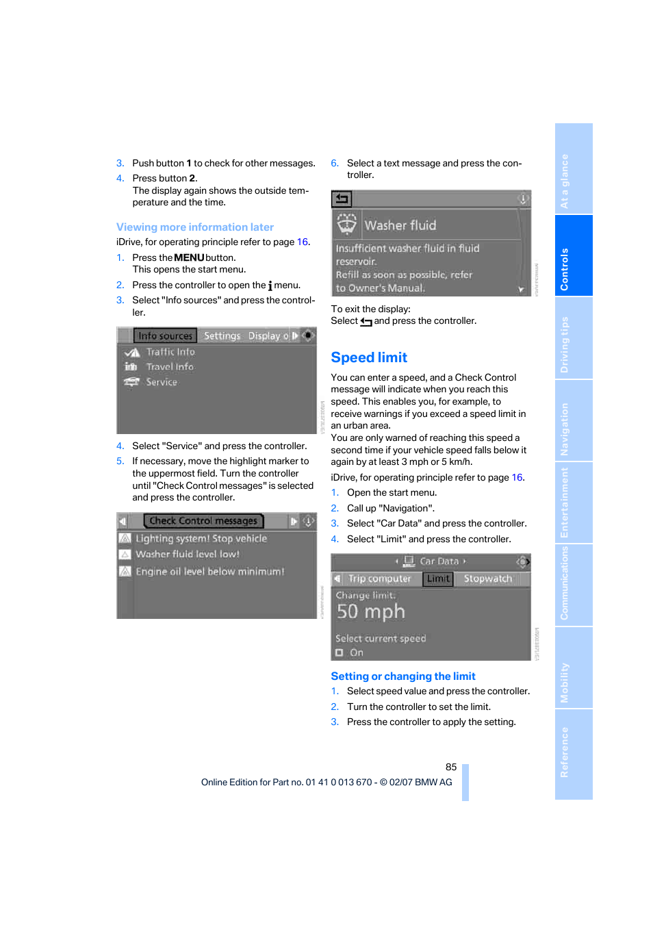 Speed limit | BMW 335i Convertible 2007 User Manual | Page 87 / 272