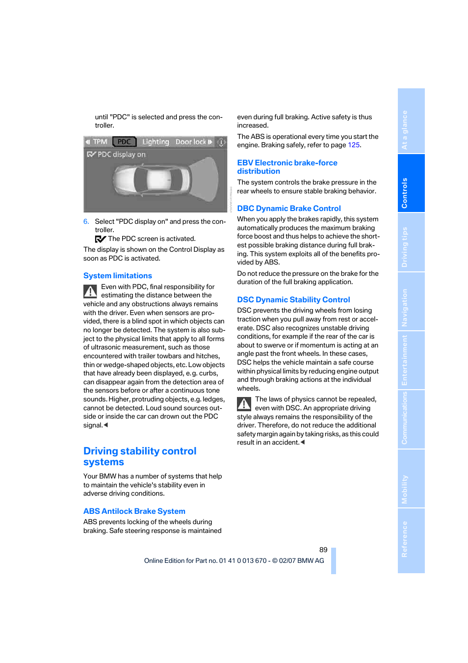 Driving stability control systems | BMW 335i Convertible 2007 User Manual | Page 91 / 272