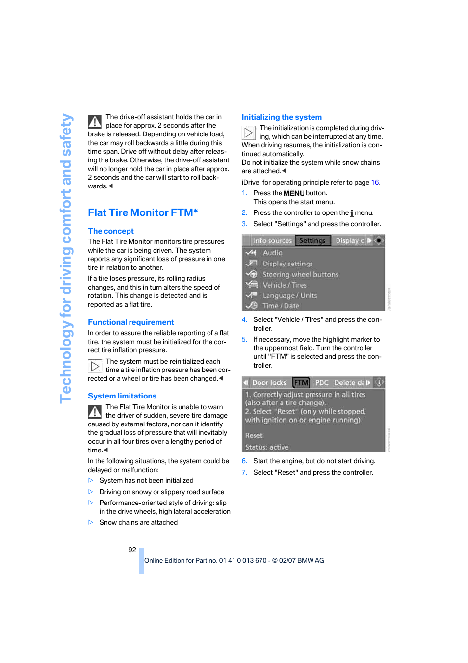 Flat tire monitor ftm, Te chnology for driving comfort and safe ty | BMW 335i Convertible 2007 User Manual | Page 94 / 272