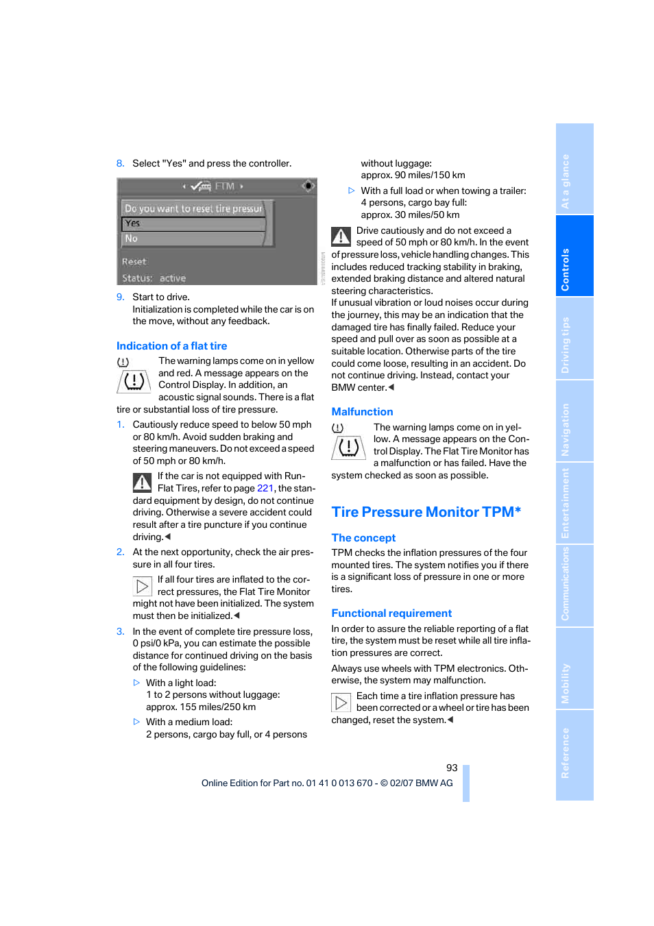 Tire pressure monitor tpm | BMW 335i Convertible 2007 User Manual | Page 95 / 272