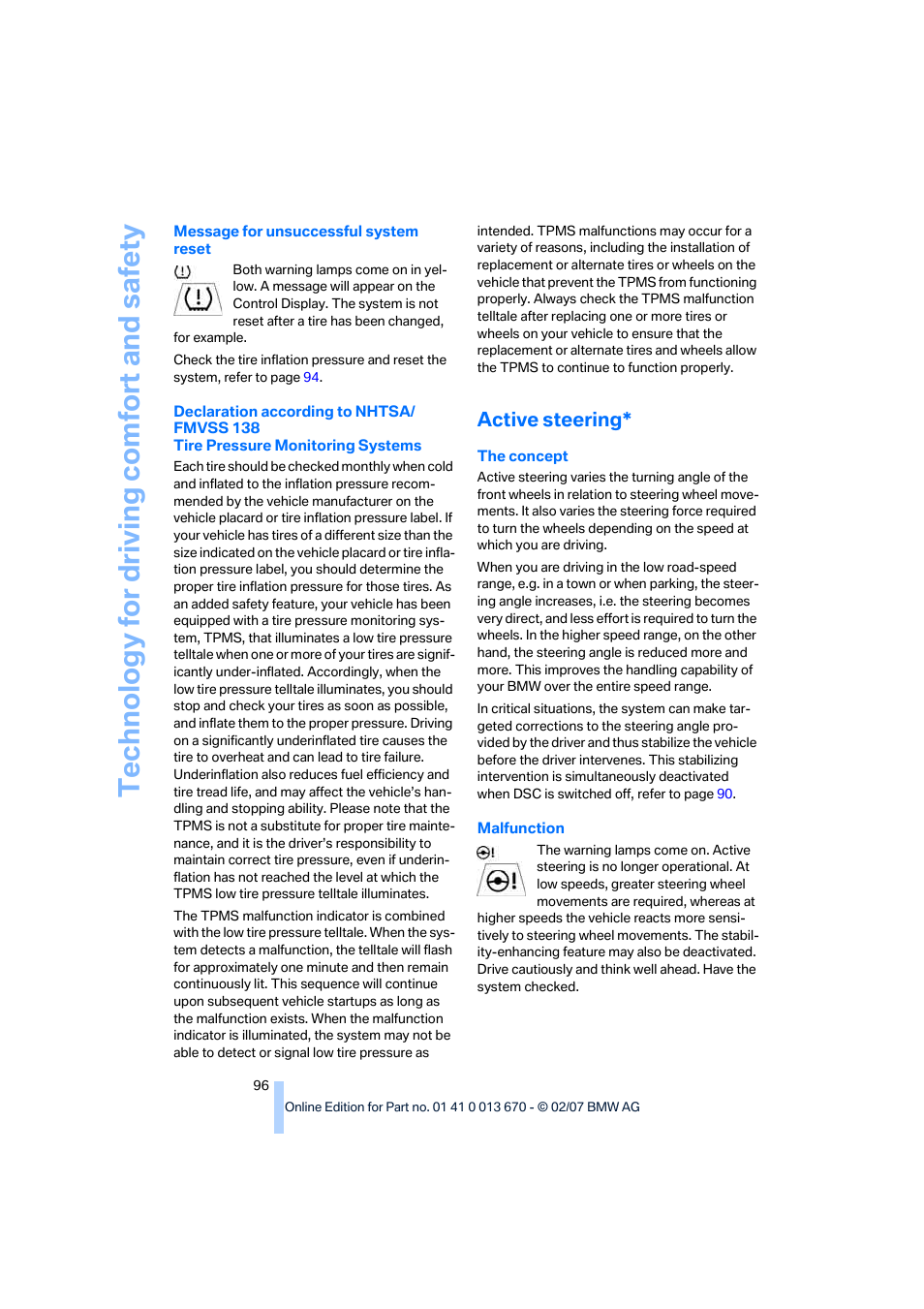 Active steering, Te chnology for driving comfort and safe ty | BMW 335i Convertible 2007 User Manual | Page 98 / 272