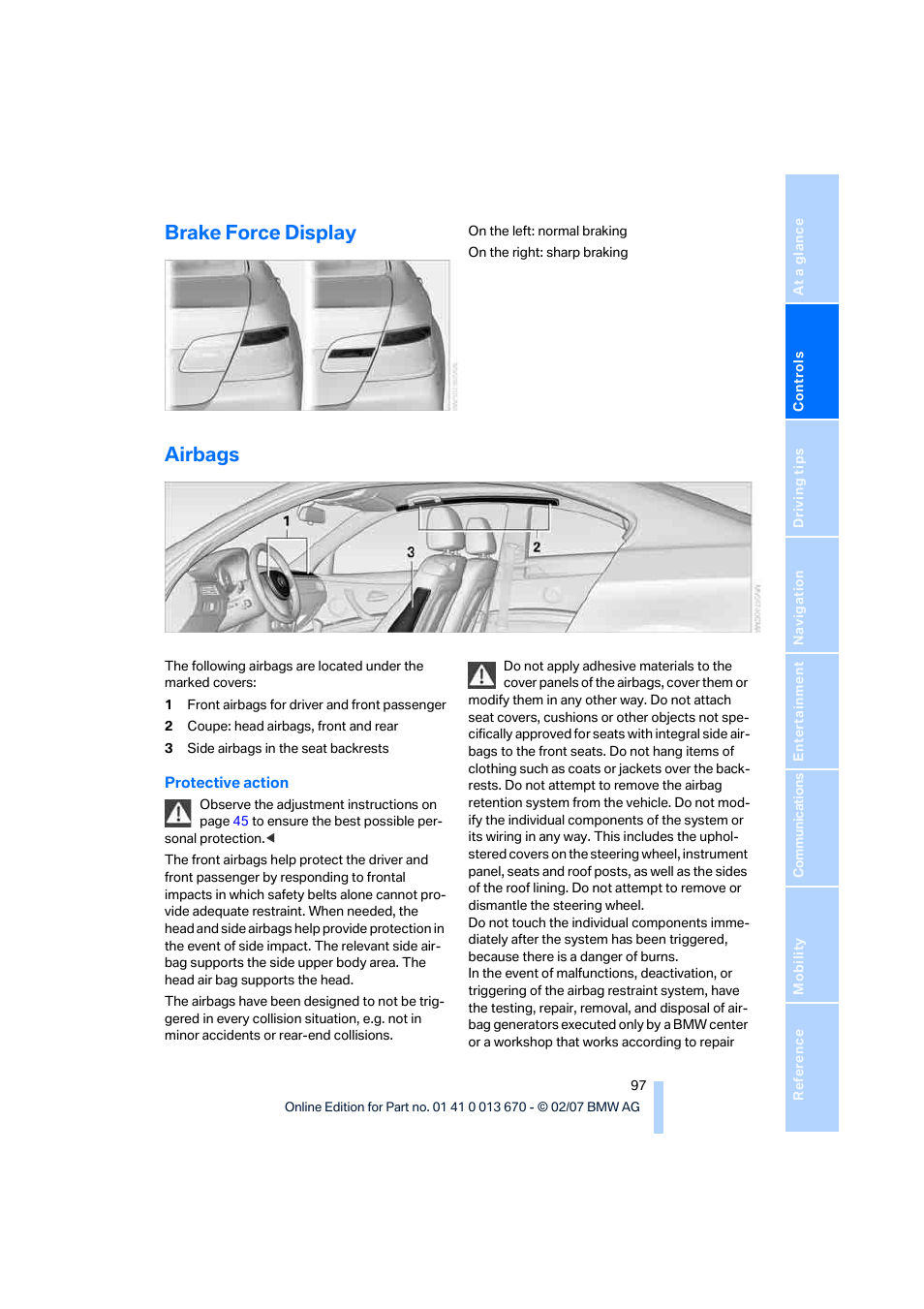 Brake force display, Airbags | BMW 335i Convertible 2007 User Manual | Page 99 / 272