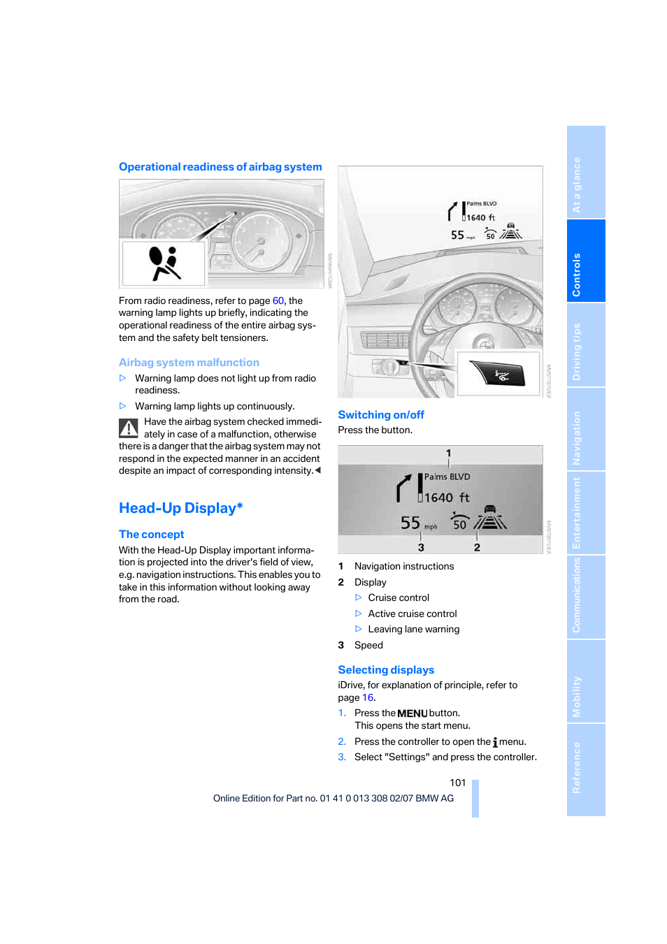 Head-up display | BMW 530xi Sports Wagon 2007 User Manual | Page 103 / 286