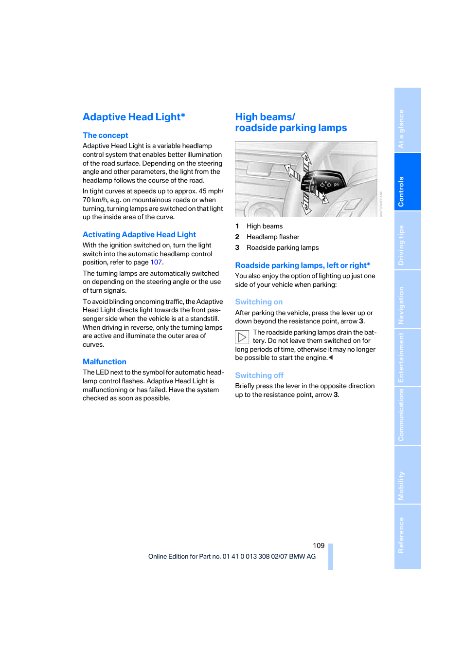 Adaptive head light, High beams/ roadside parking lamps | BMW 530xi Sports Wagon 2007 User Manual | Page 111 / 286