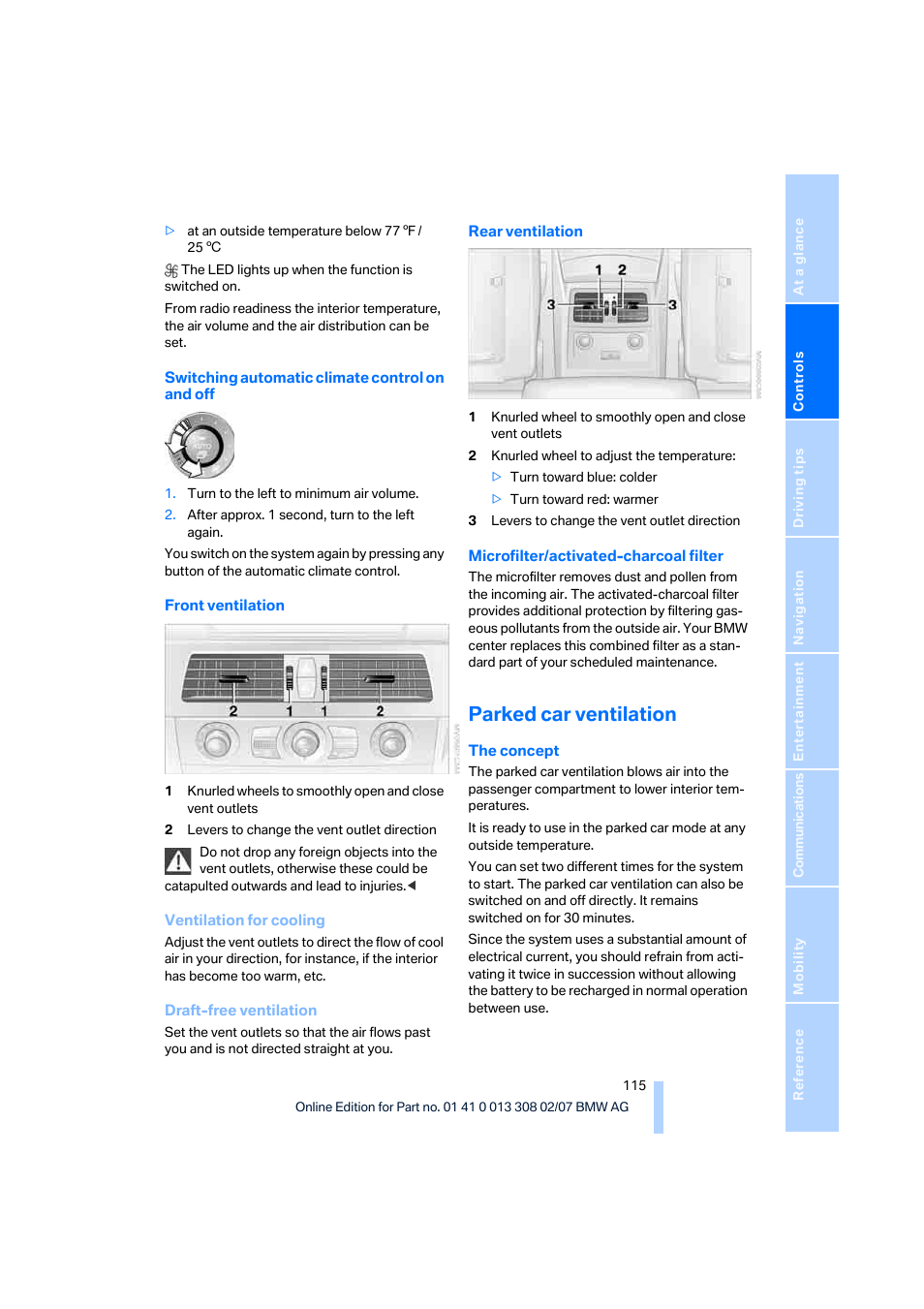 Parked car ventilation | BMW 530xi Sports Wagon 2007 User Manual | Page 117 / 286