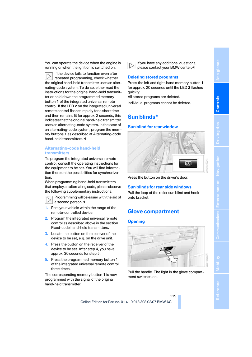 Sun blinds, Glove compartment | BMW 530xi Sports Wagon 2007 User Manual | Page 121 / 286