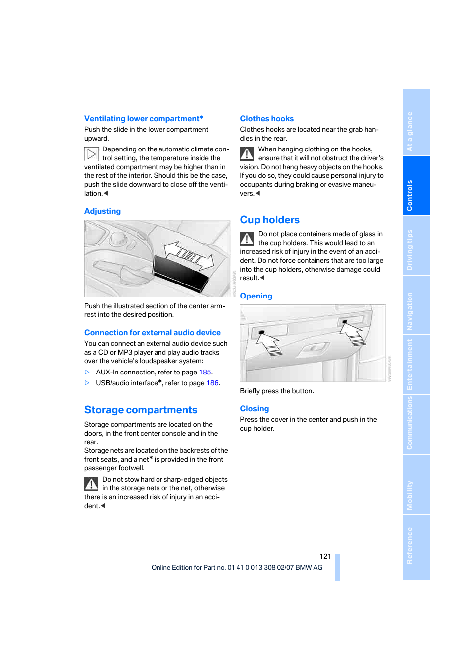 Storage compartments, Cup holders | BMW 530xi Sports Wagon 2007 User Manual | Page 123 / 286