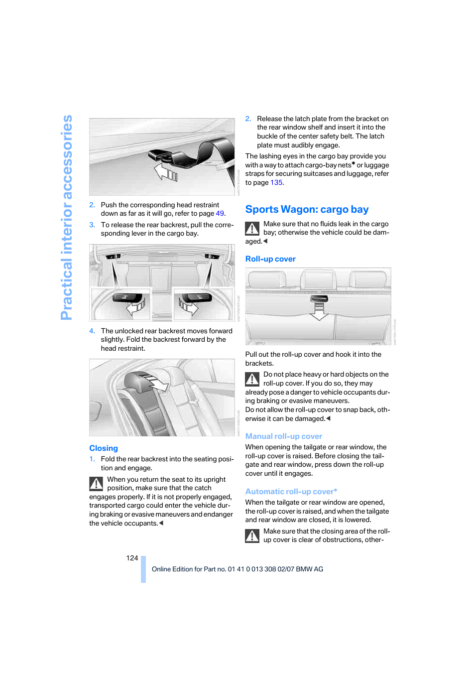 Sports wagon: cargo bay, Practical interi or acc ess orie s | BMW 530xi Sports Wagon 2007 User Manual | Page 126 / 286