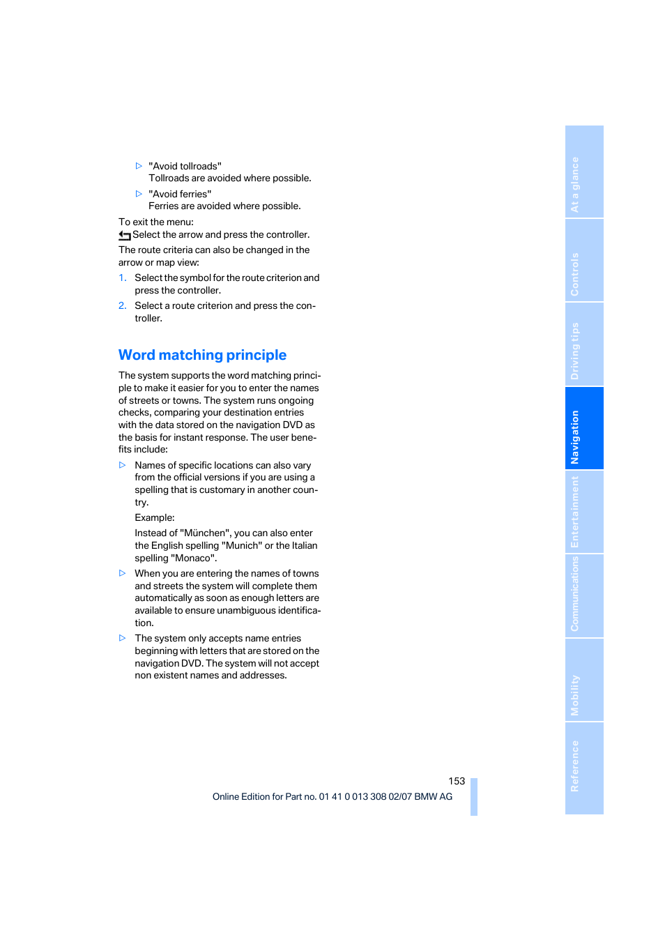 Word matching principle | BMW 530xi Sports Wagon 2007 User Manual | Page 155 / 286