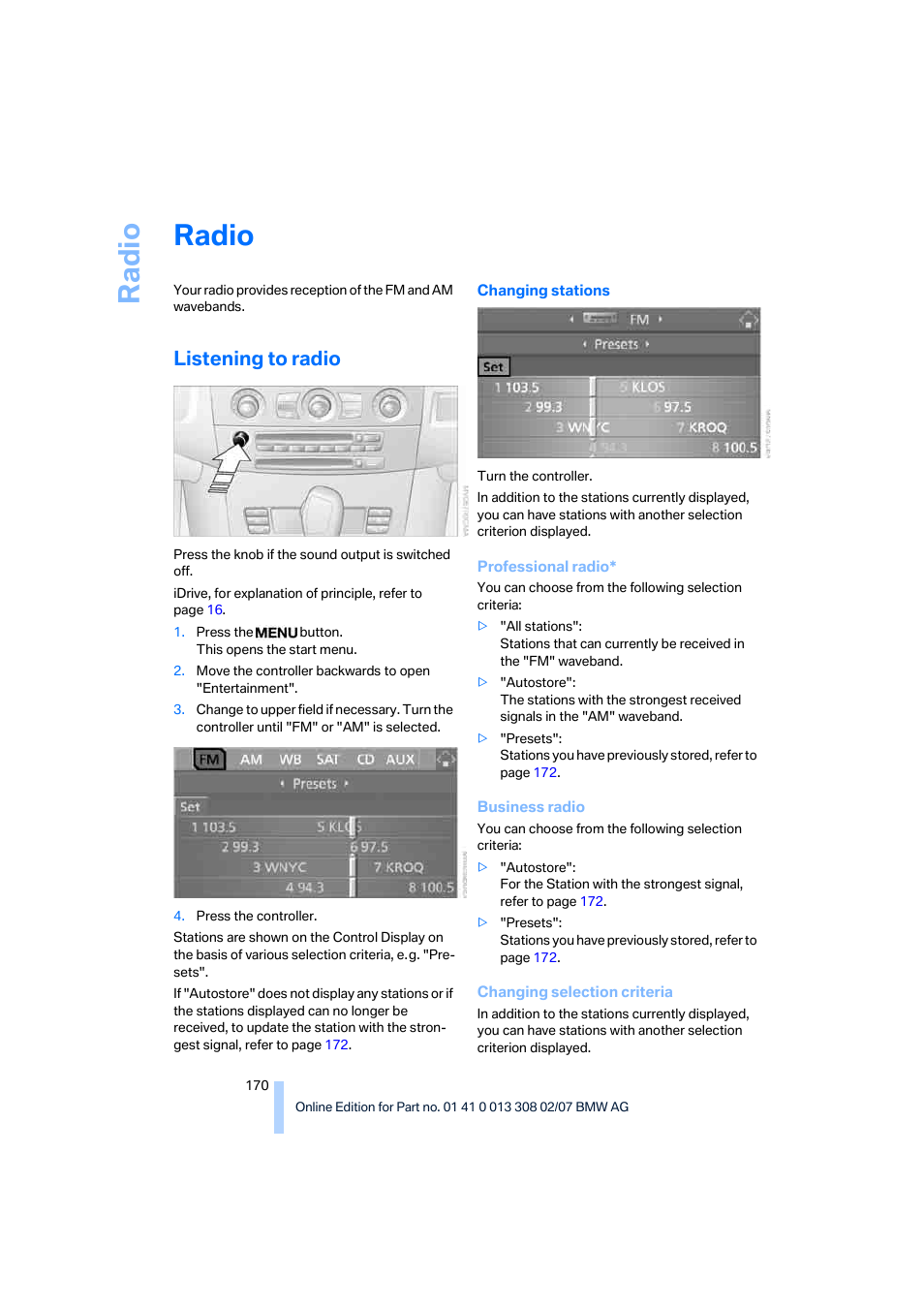 Radio, Listening to radio, Ra di o | BMW 530xi Sports Wagon 2007 User Manual | Page 172 / 286