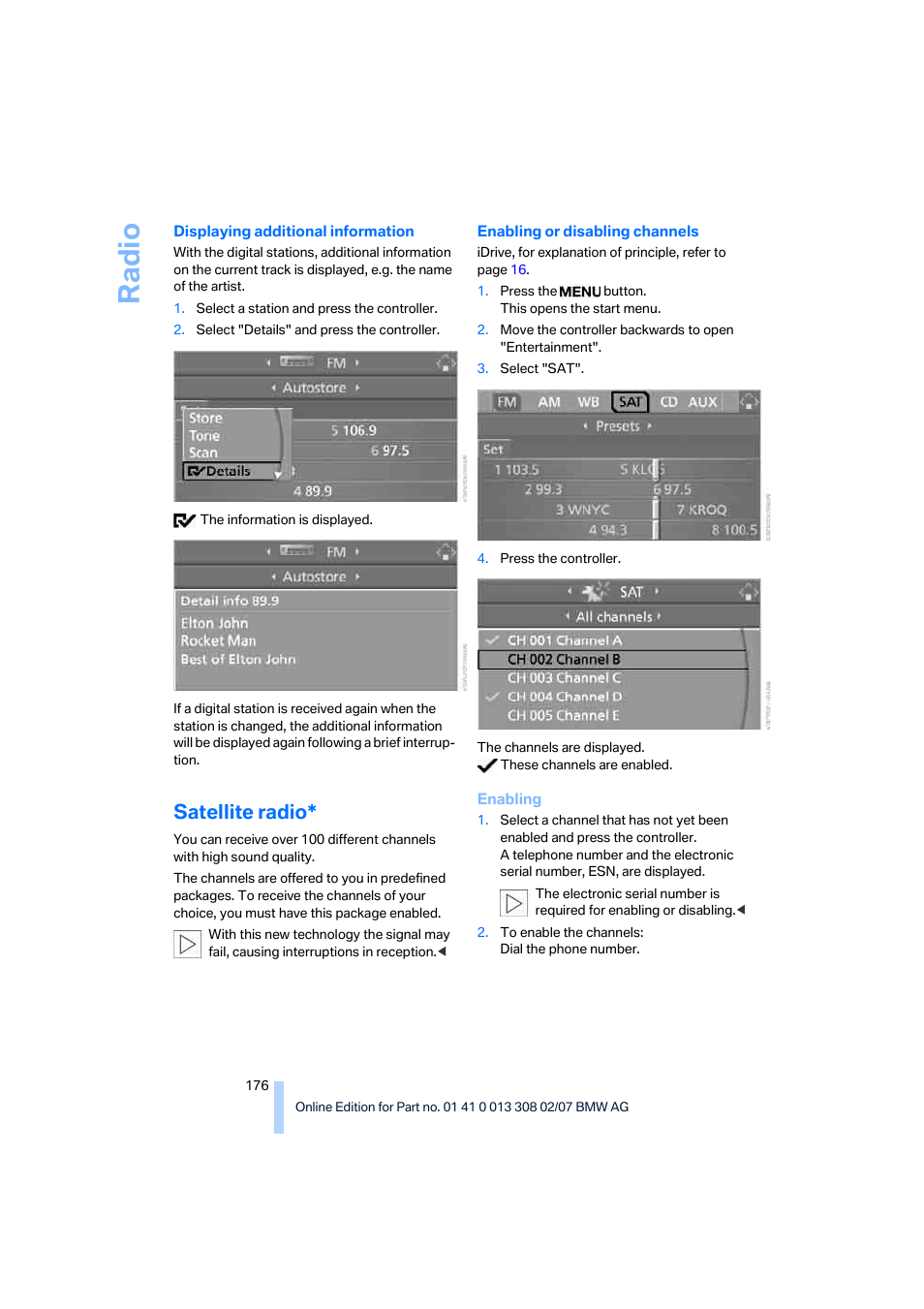 Satellite radio, Ra di o | BMW 530xi Sports Wagon 2007 User Manual | Page 178 / 286