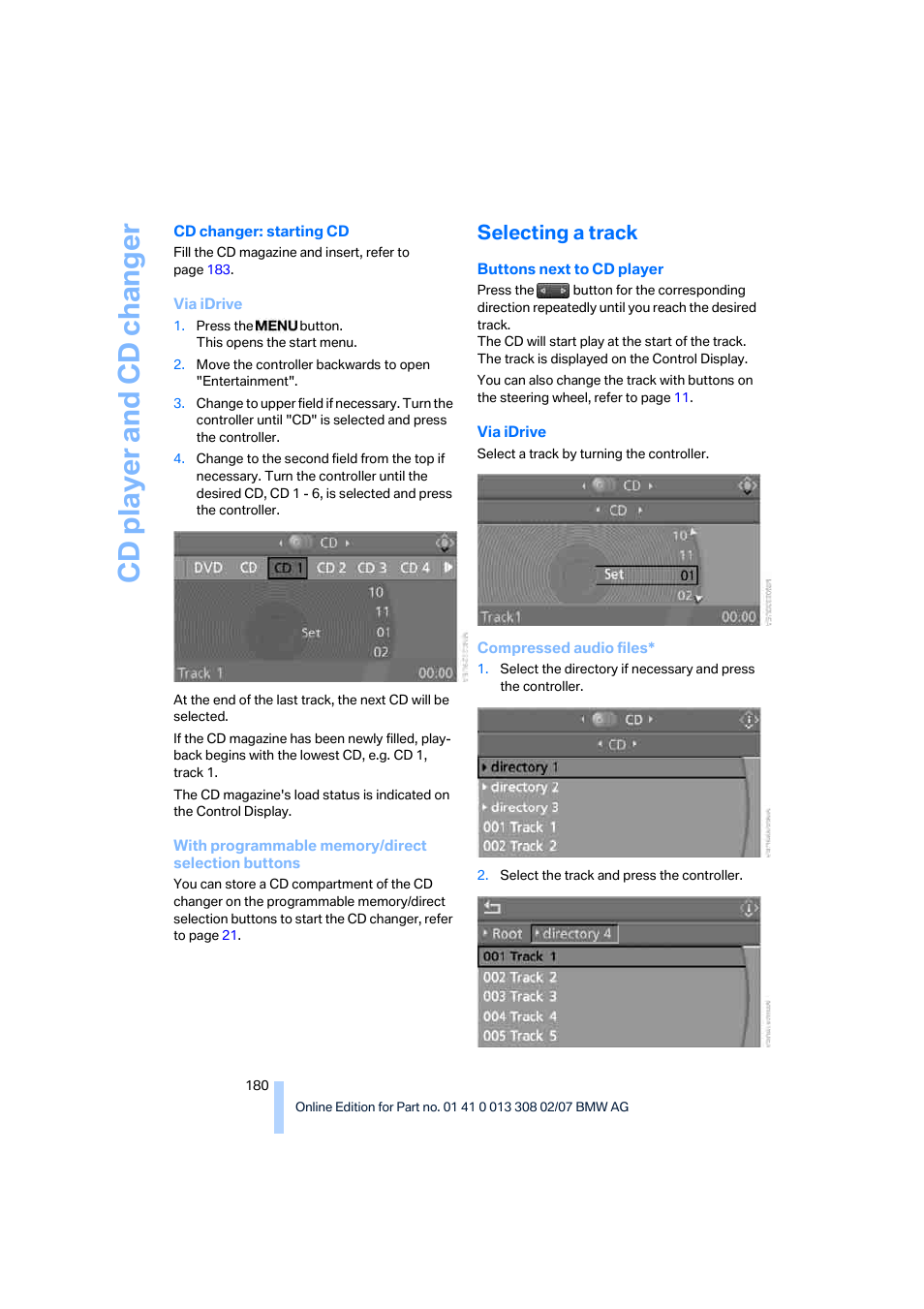 Selecting a track, Cd player and cd changer | BMW 530xi Sports Wagon 2007 User Manual | Page 182 / 286