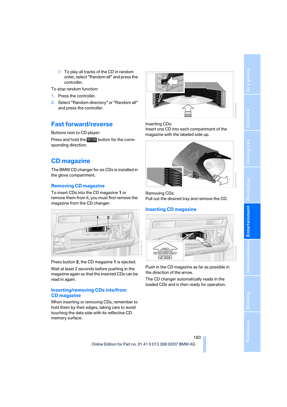 Fast forward/reverse, Cd magazine | BMW 530xi Sports Wagon 2007 User Manual | Page 185 / 286