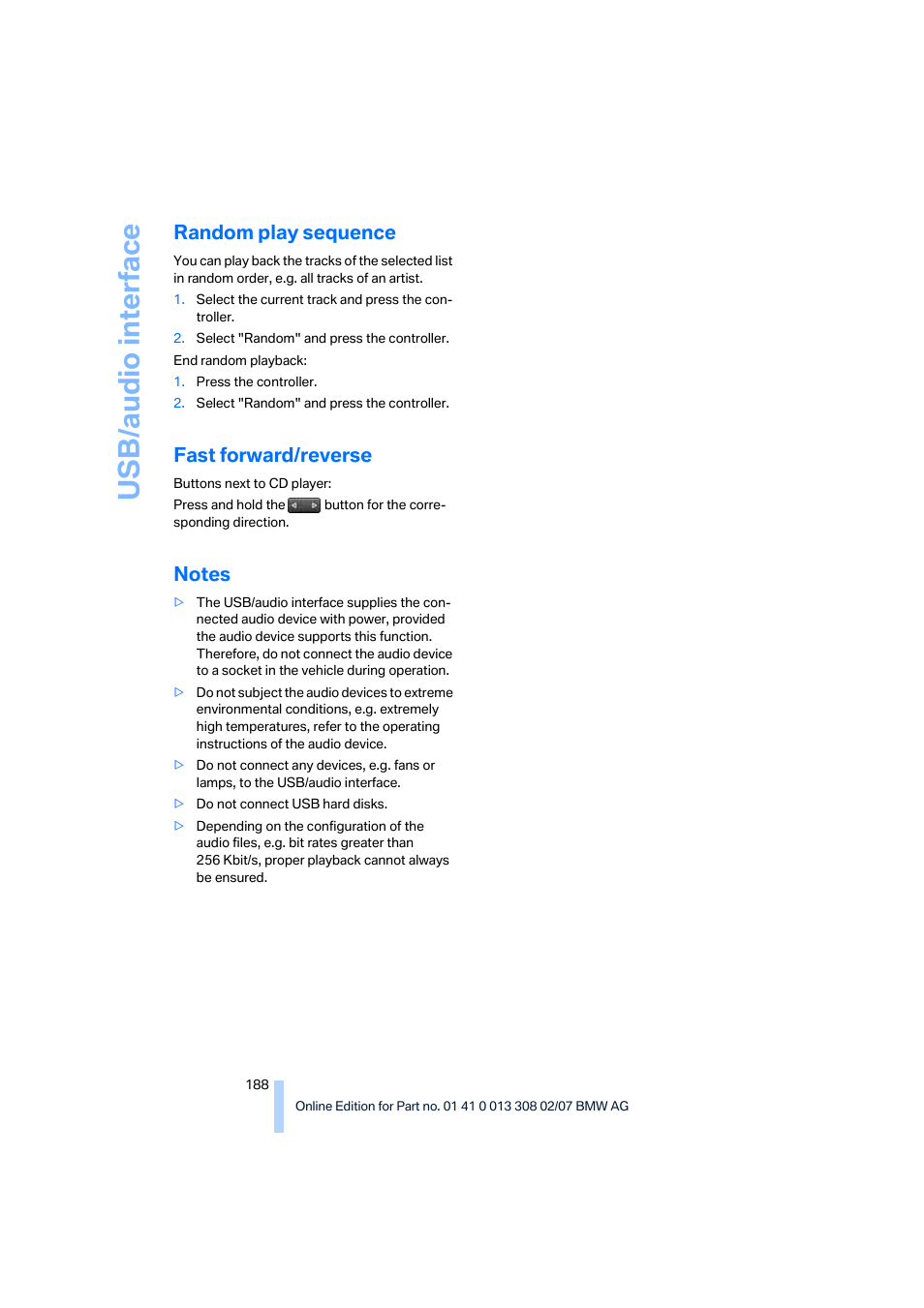 Random play sequence, Fast forward/reverse, Notes | Us b/audio interf ace | BMW 530xi Sports Wagon 2007 User Manual | Page 190 / 286