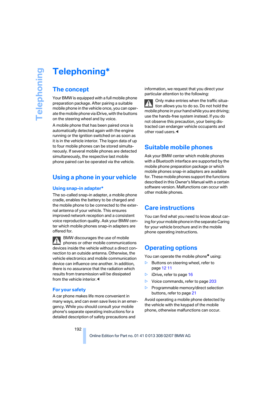 Telephoning, The concept, Using a phone in your vehicle | Suitable mobile phones, Care instructions, Operating options, Telep h oning | BMW 530xi Sports Wagon 2007 User Manual | Page 194 / 286