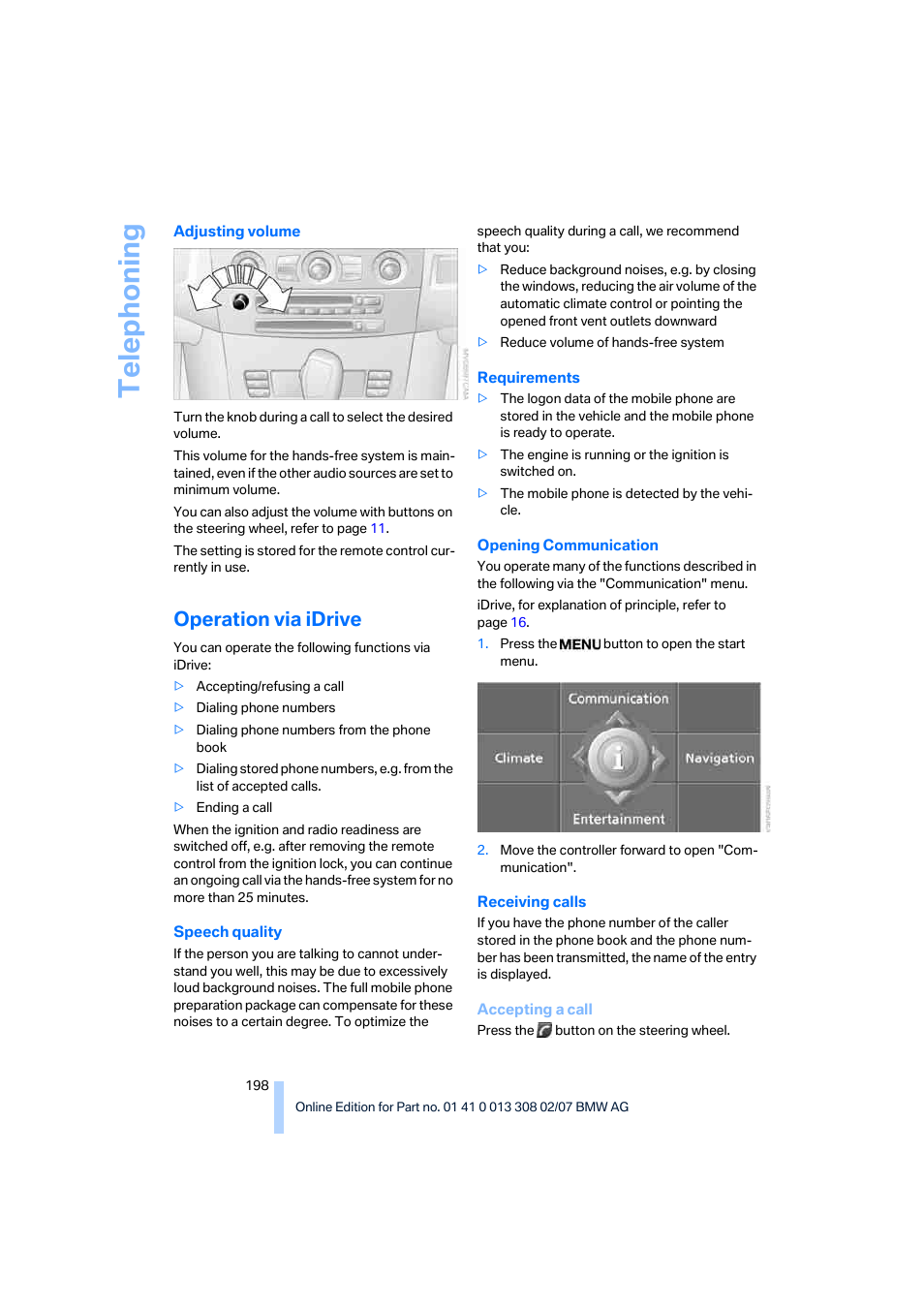 Operation via idrive, Telep h oning | BMW 530xi Sports Wagon 2007 User Manual | Page 200 / 286