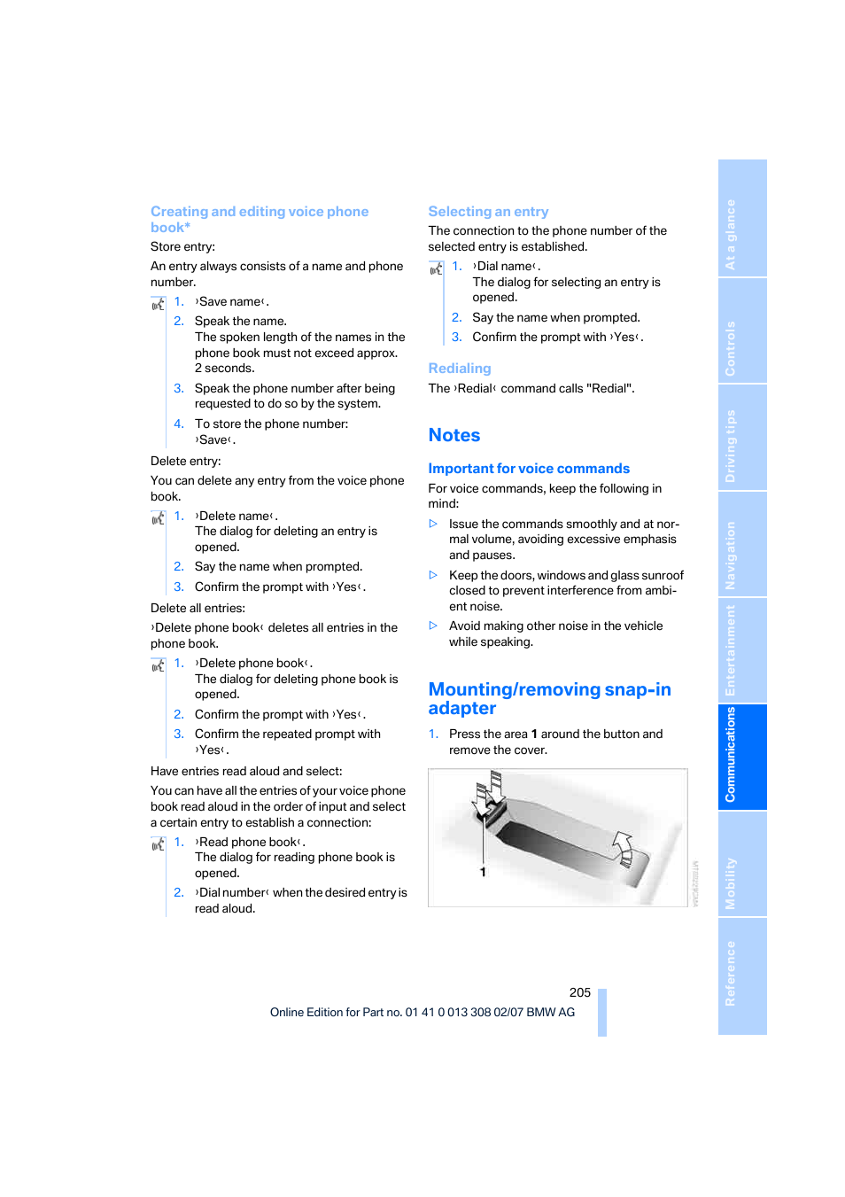 Notes, Mounting/removing snap-in adapter | BMW 530xi Sports Wagon 2007 User Manual | Page 207 / 286