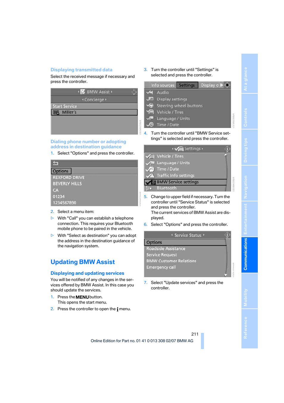 Updating bmw assist | BMW 530xi Sports Wagon 2007 User Manual | Page 213 / 286