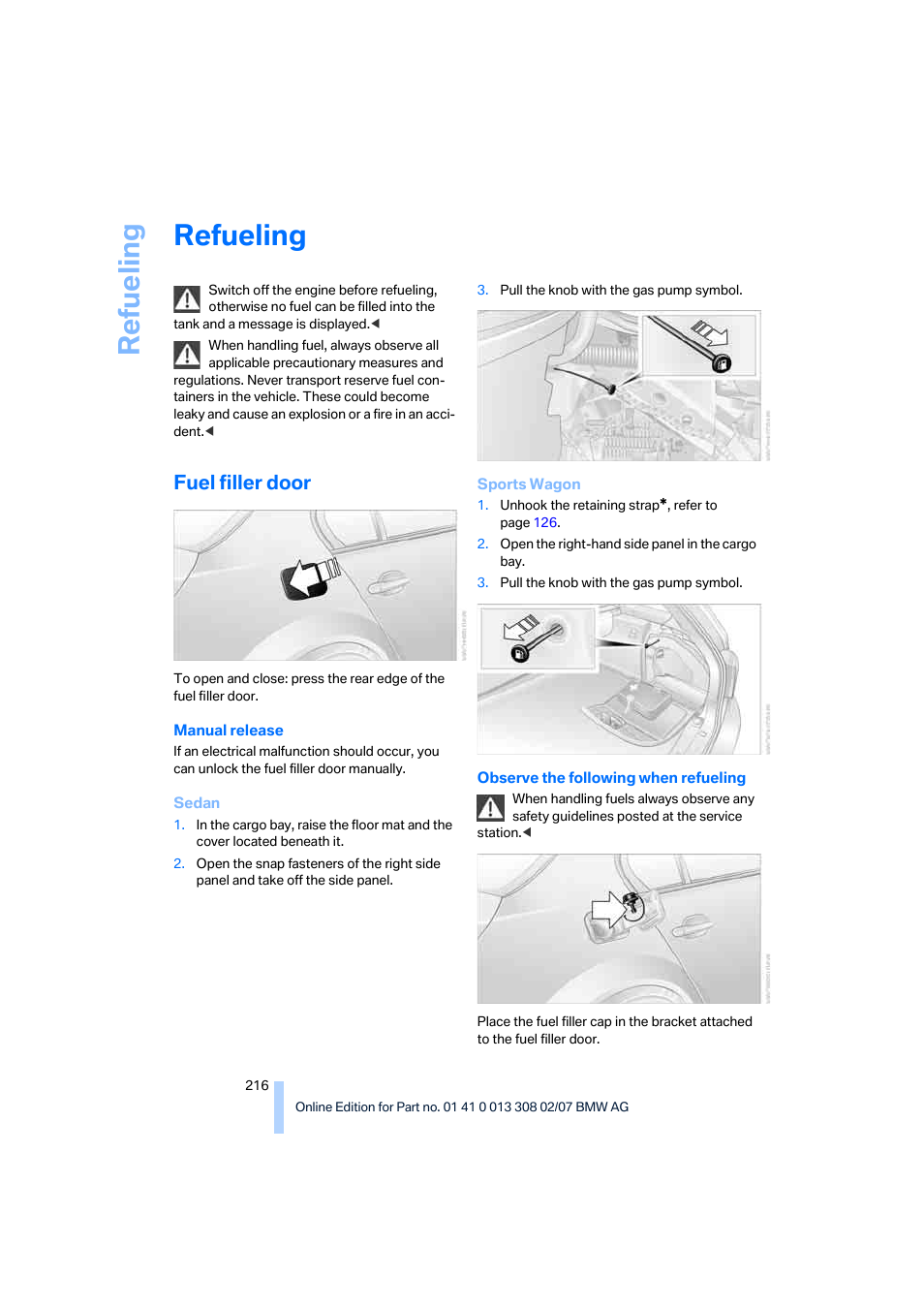 Refueling, Fuel filler door, Lity | Re fueling | BMW 530xi Sports Wagon 2007 User Manual | Page 218 / 286