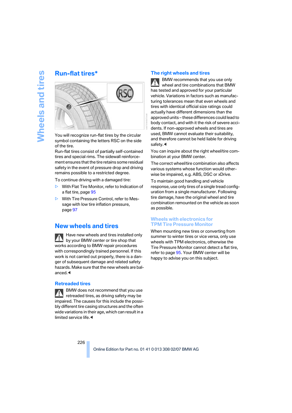 Run-flat tires, New wheels and tires, Wh eels and tire s | BMW 530xi Sports Wagon 2007 User Manual | Page 228 / 286