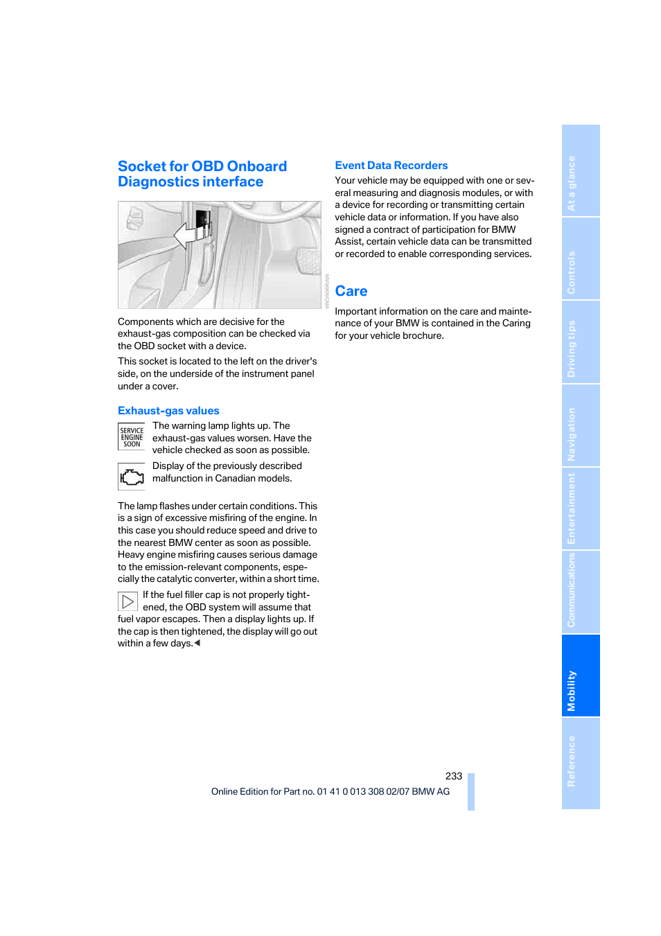 Socket for obd onboard diagnostics interface, Care | BMW 530xi Sports Wagon 2007 User Manual | Page 235 / 286