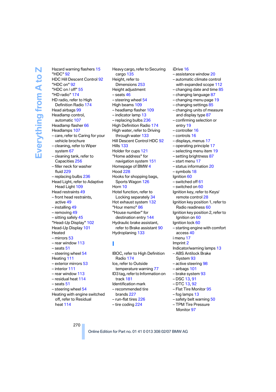 Everything from a to z | BMW 530xi Sports Wagon 2007 User Manual | Page 272 / 286