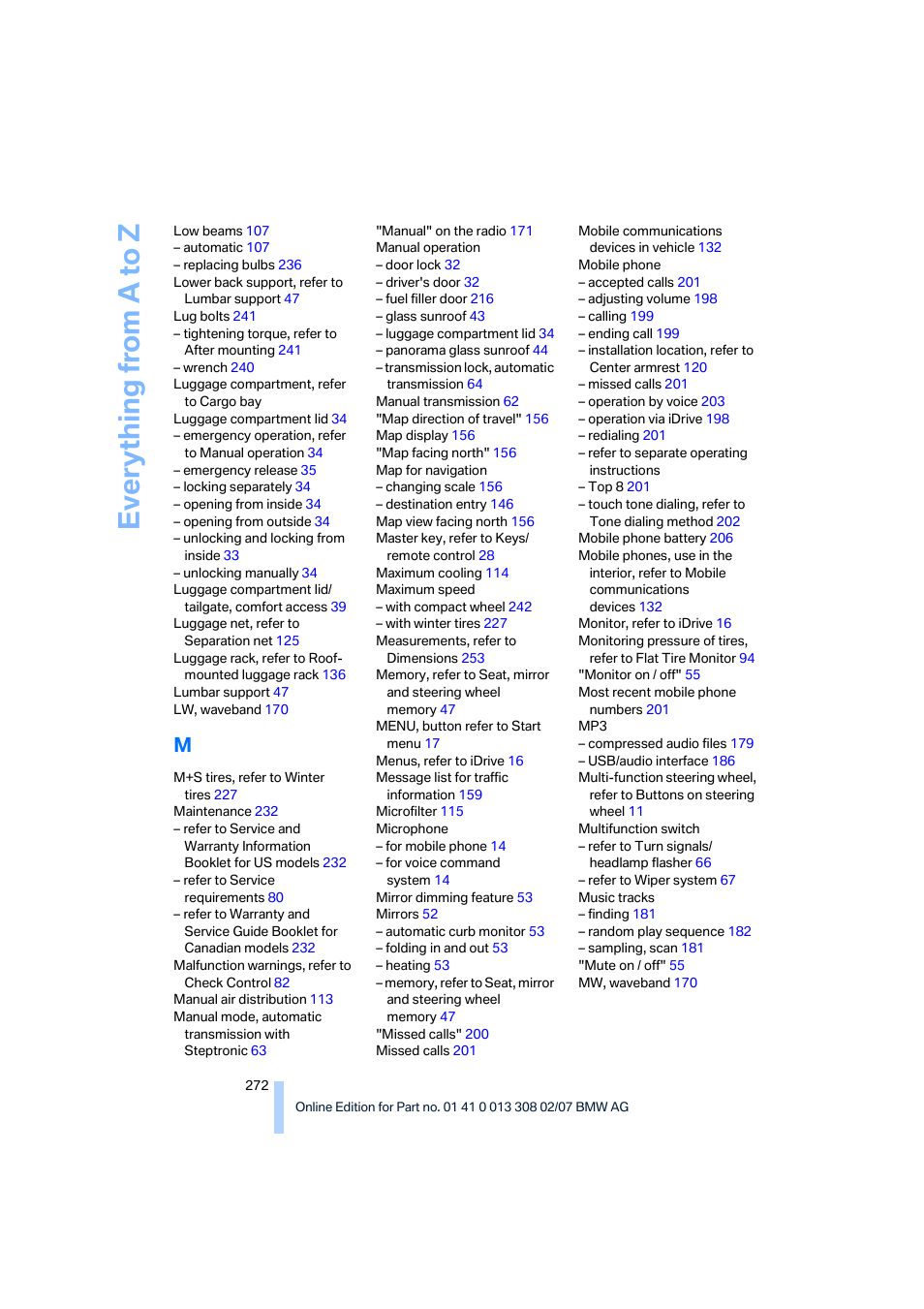 Everything from a to z | BMW 530xi Sports Wagon 2007 User Manual | Page 274 / 286