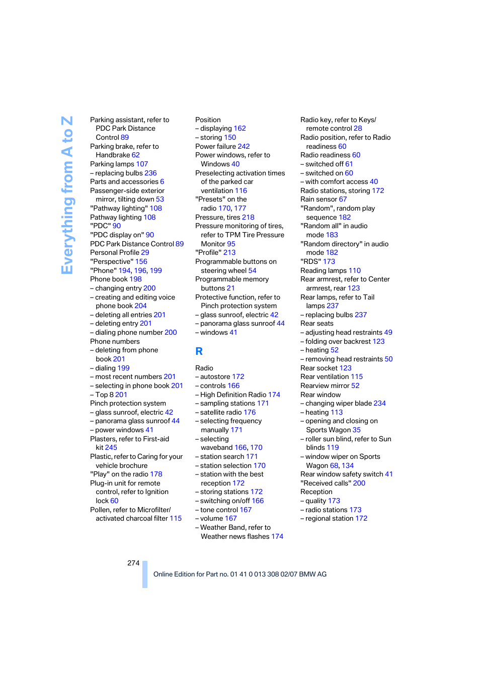 Everything from a to z | BMW 530xi Sports Wagon 2007 User Manual | Page 276 / 286