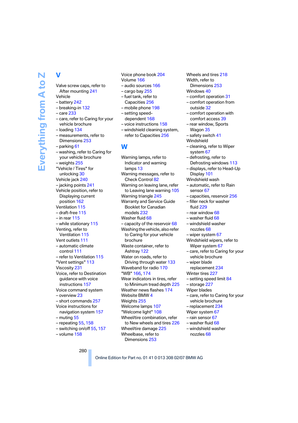 Everything from a to z | BMW 530xi Sports Wagon 2007 User Manual | Page 282 / 286