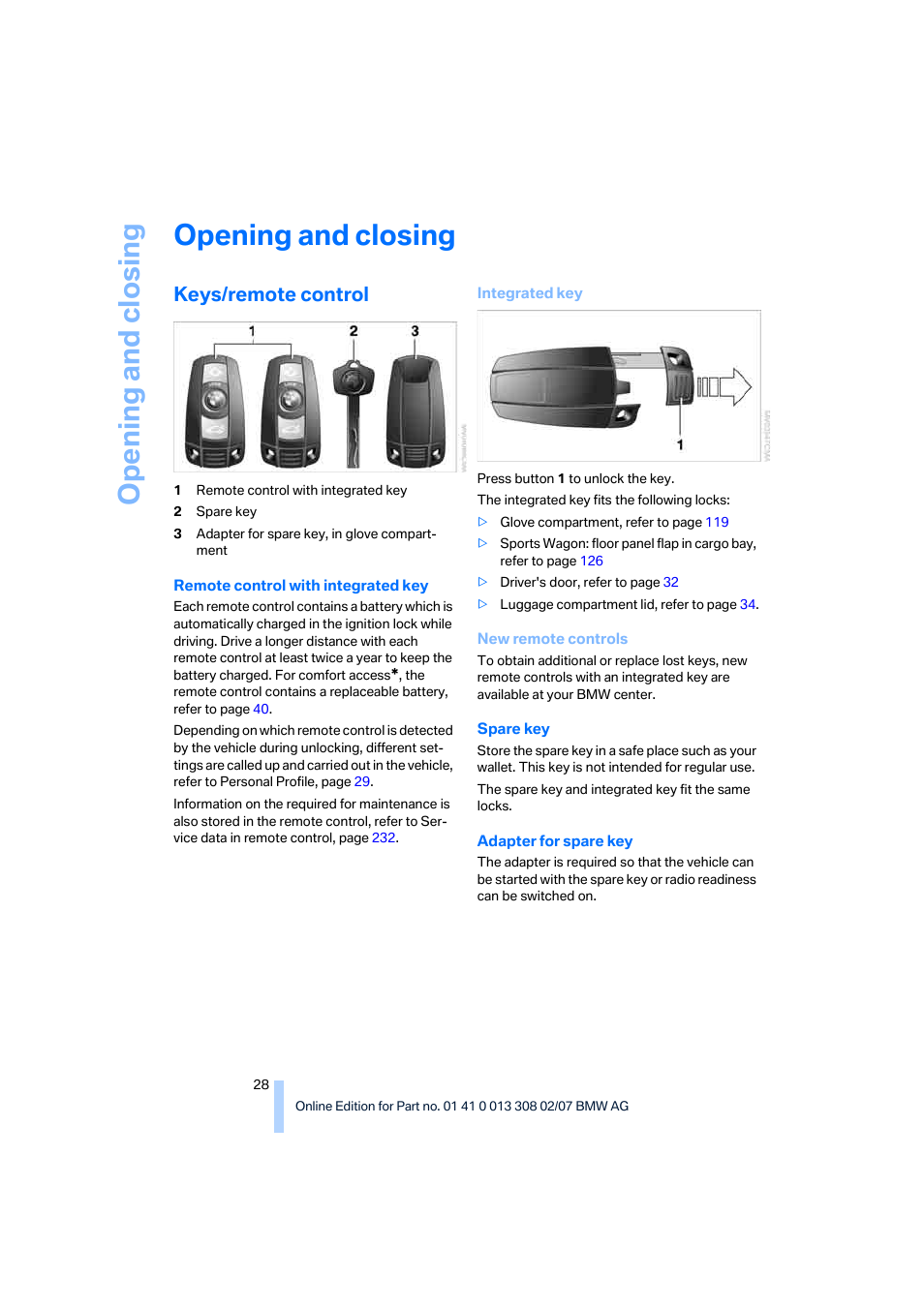 Opening and closing, Keys/remote control | BMW 530xi Sports Wagon 2007 User Manual | Page 30 / 286