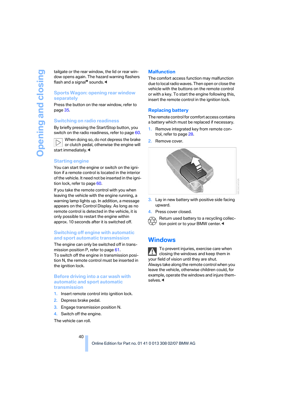 Windows, Opening and closing | BMW 530xi Sports Wagon 2007 User Manual | Page 42 / 286