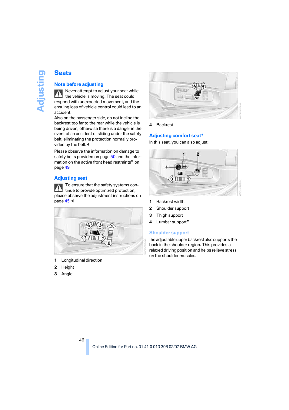 Seats, Adju sting | BMW 530xi Sports Wagon 2007 User Manual | Page 48 / 286