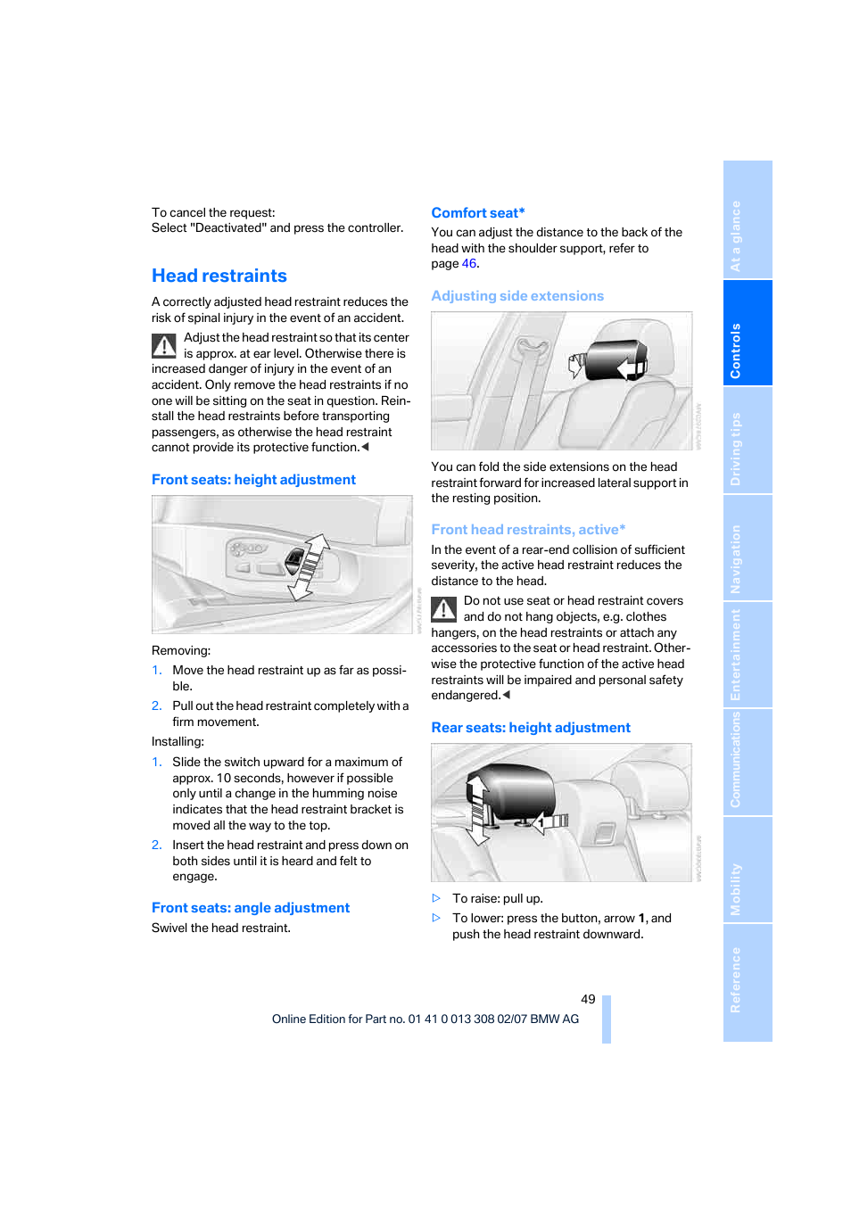 Head restraints | BMW 530xi Sports Wagon 2007 User Manual | Page 51 / 286