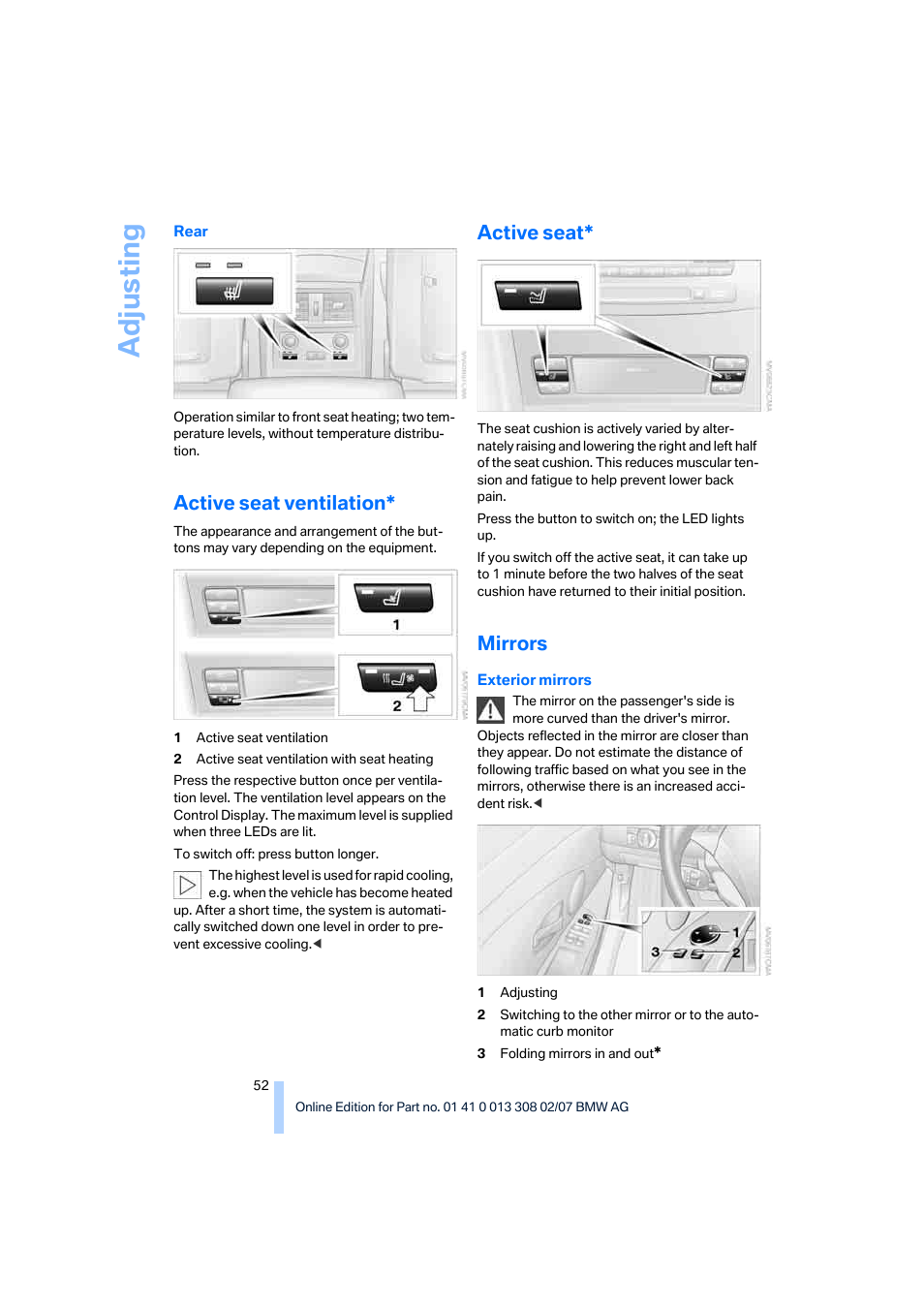 Active seat ventilation, Active seat, Mirrors | Adju sting | BMW 530xi Sports Wagon 2007 User Manual | Page 54 / 286