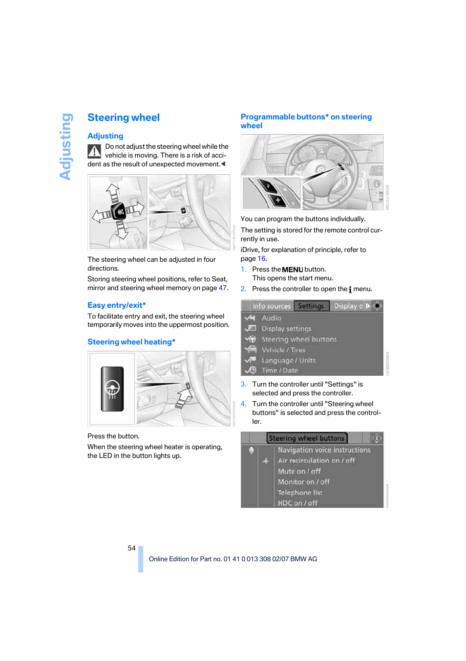 Steering wheel, Adju sting | BMW 530xi Sports Wagon 2007 User Manual | Page 56 / 286