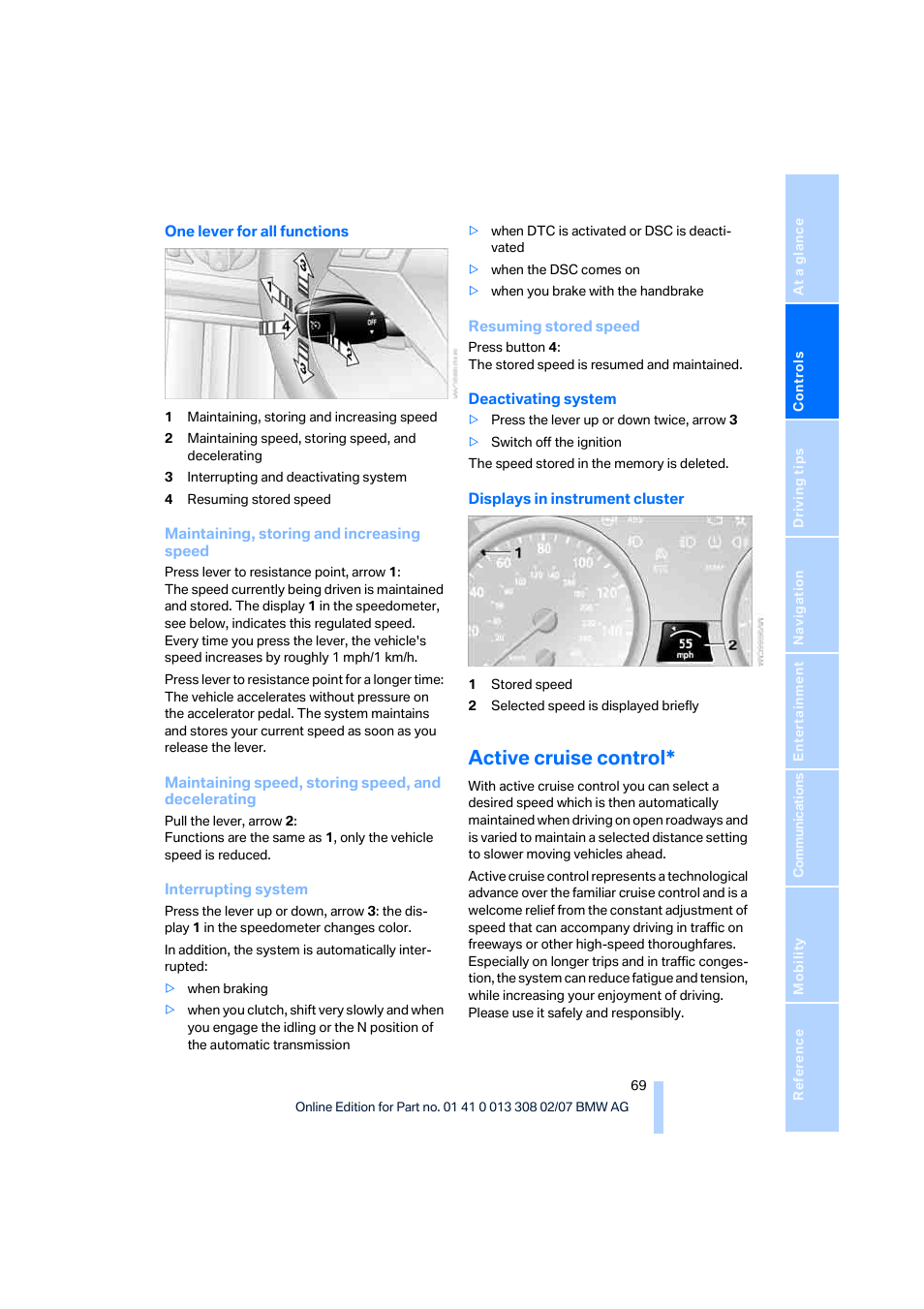 Active cruise control | BMW 530xi Sports Wagon 2007 User Manual | Page 71 / 286