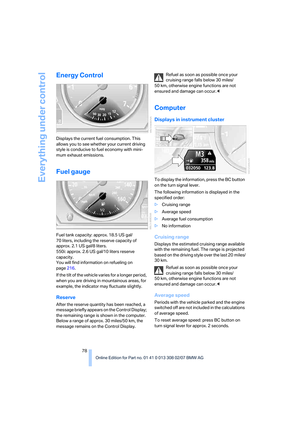 Energy control, Fuel gauge, Computer | Eve ryth ing un de r co nt rol | BMW 530xi Sports Wagon 2007 User Manual | Page 80 / 286