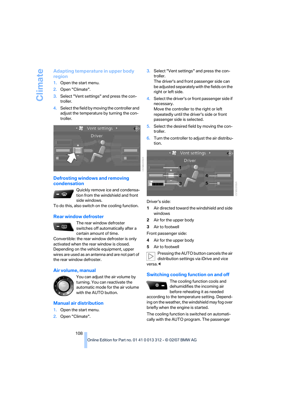 Tion, Climate | BMW 650i Convertible 2007 User Manual | Page 110 / 254